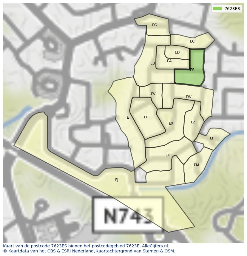 Afbeelding van het postcodegebied 7623 ES op de kaart.
