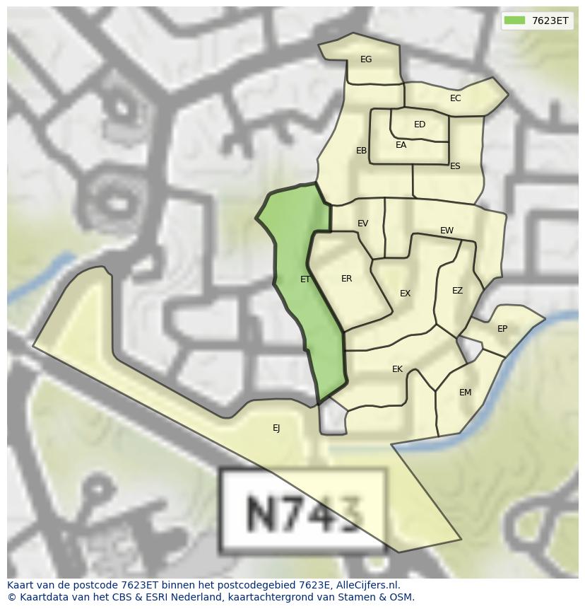 Afbeelding van het postcodegebied 7623 ET op de kaart.