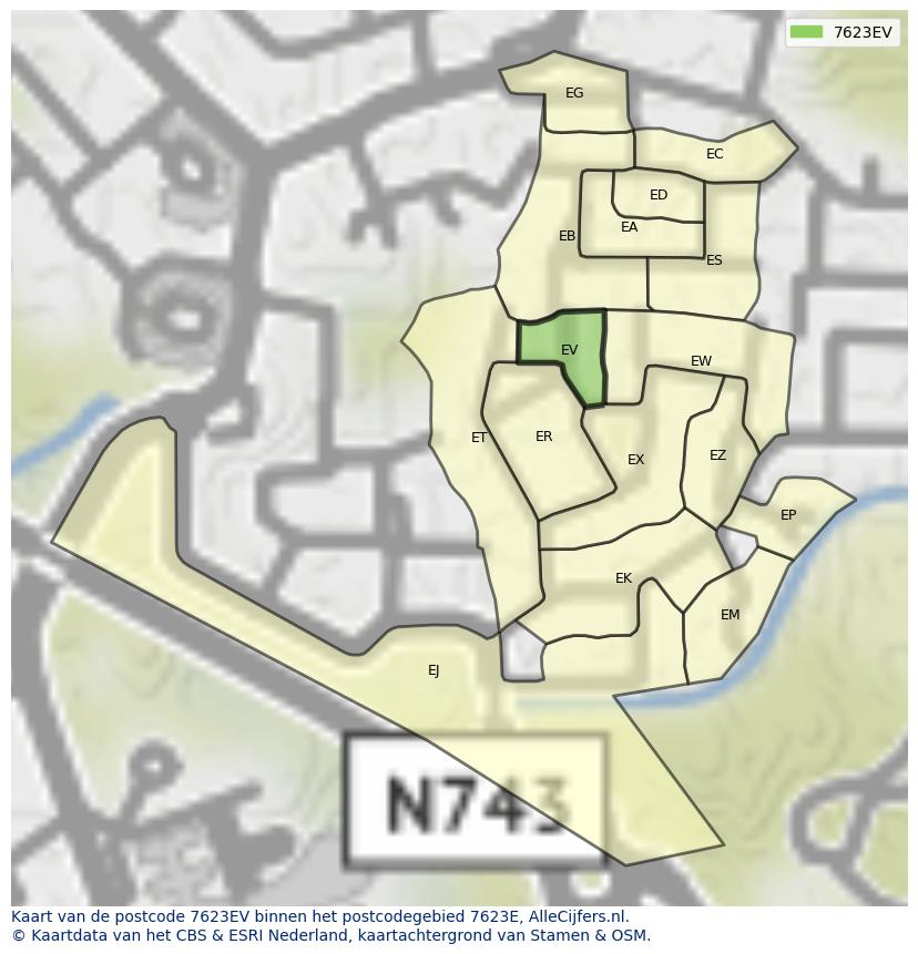 Afbeelding van het postcodegebied 7623 EV op de kaart.