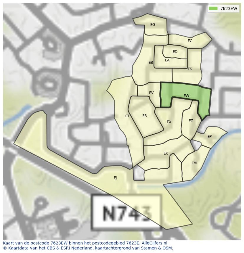 Afbeelding van het postcodegebied 7623 EW op de kaart.