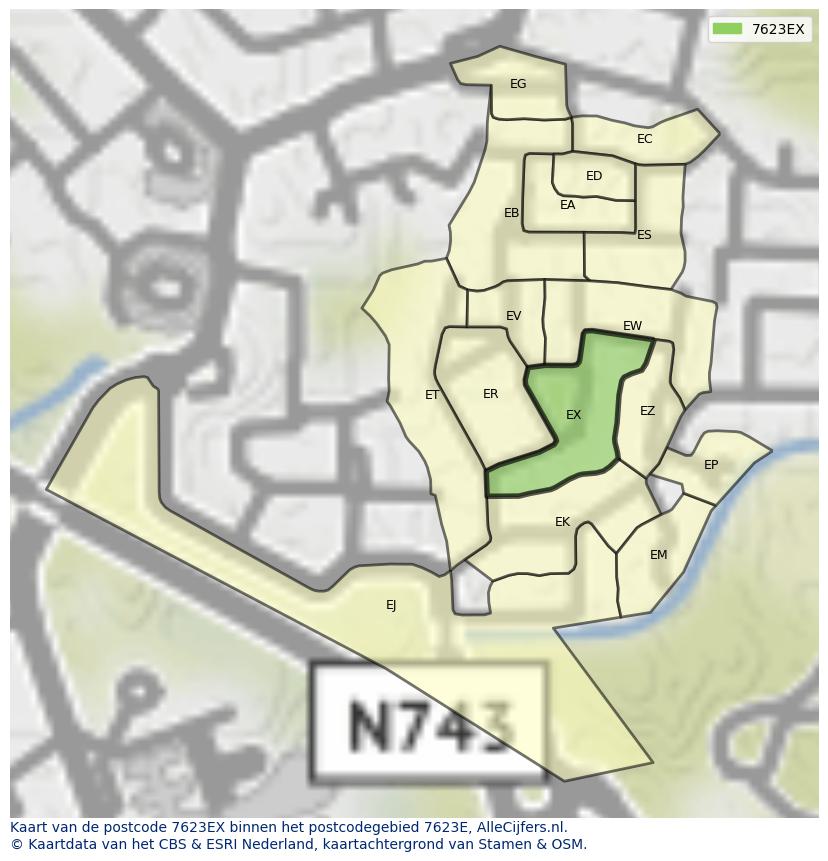 Afbeelding van het postcodegebied 7623 EX op de kaart.