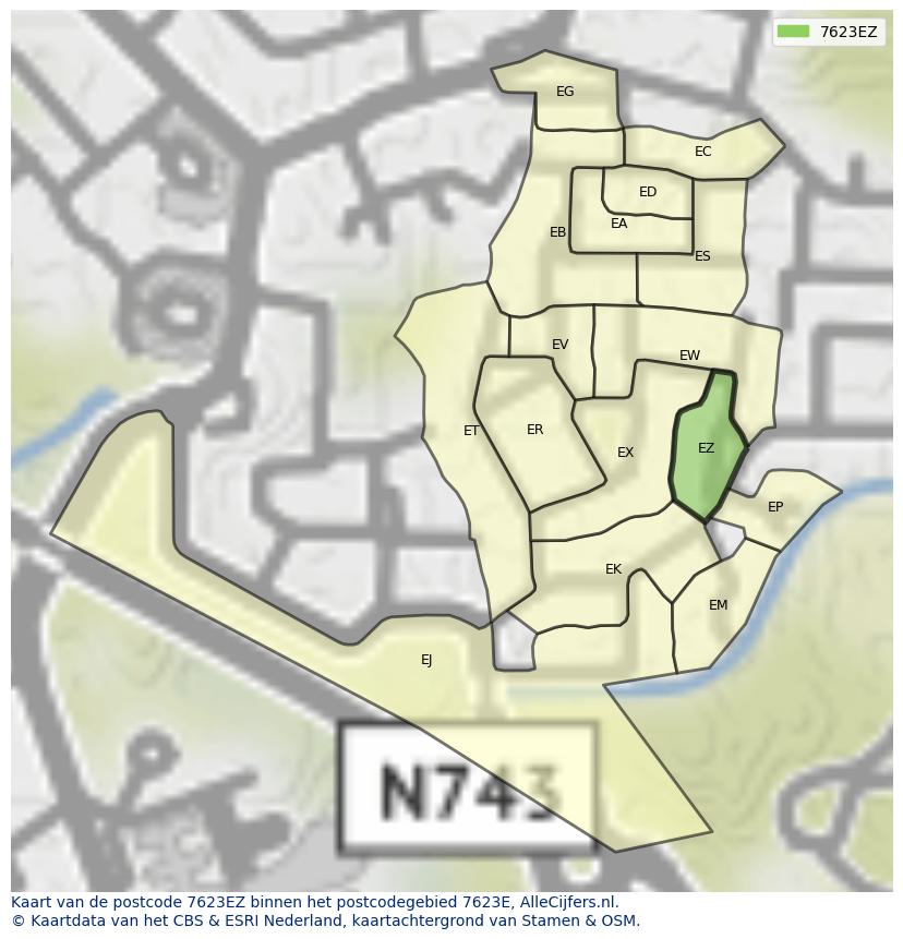 Afbeelding van het postcodegebied 7623 EZ op de kaart.