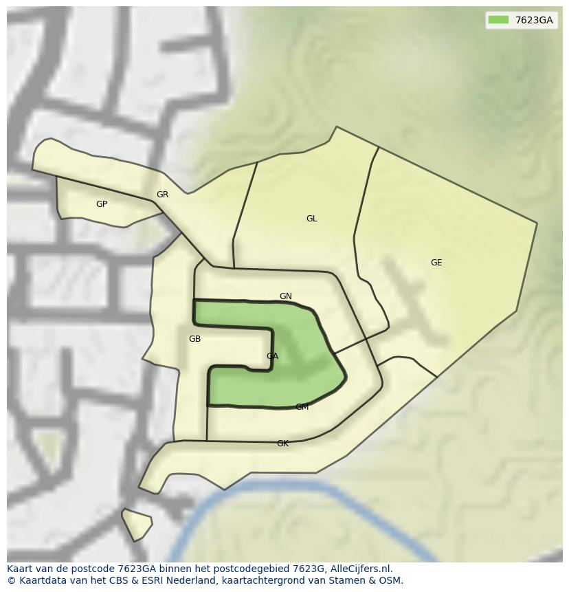 Afbeelding van het postcodegebied 7623 GA op de kaart.