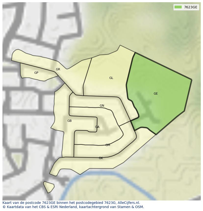 Afbeelding van het postcodegebied 7623 GE op de kaart.