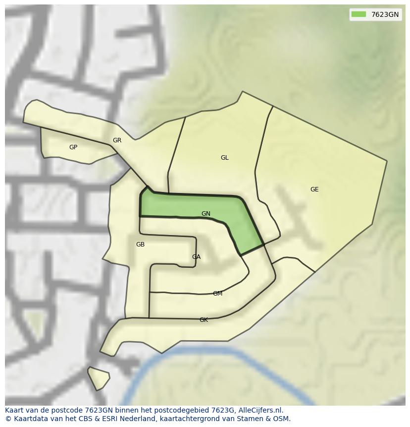 Afbeelding van het postcodegebied 7623 GN op de kaart.