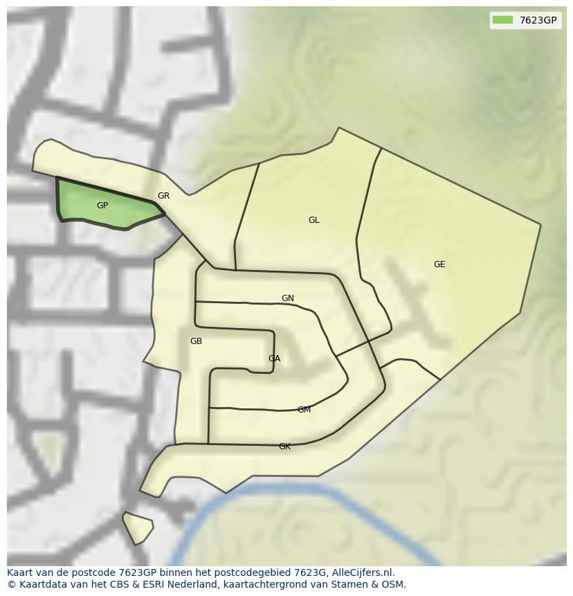 Afbeelding van het postcodegebied 7623 GP op de kaart.