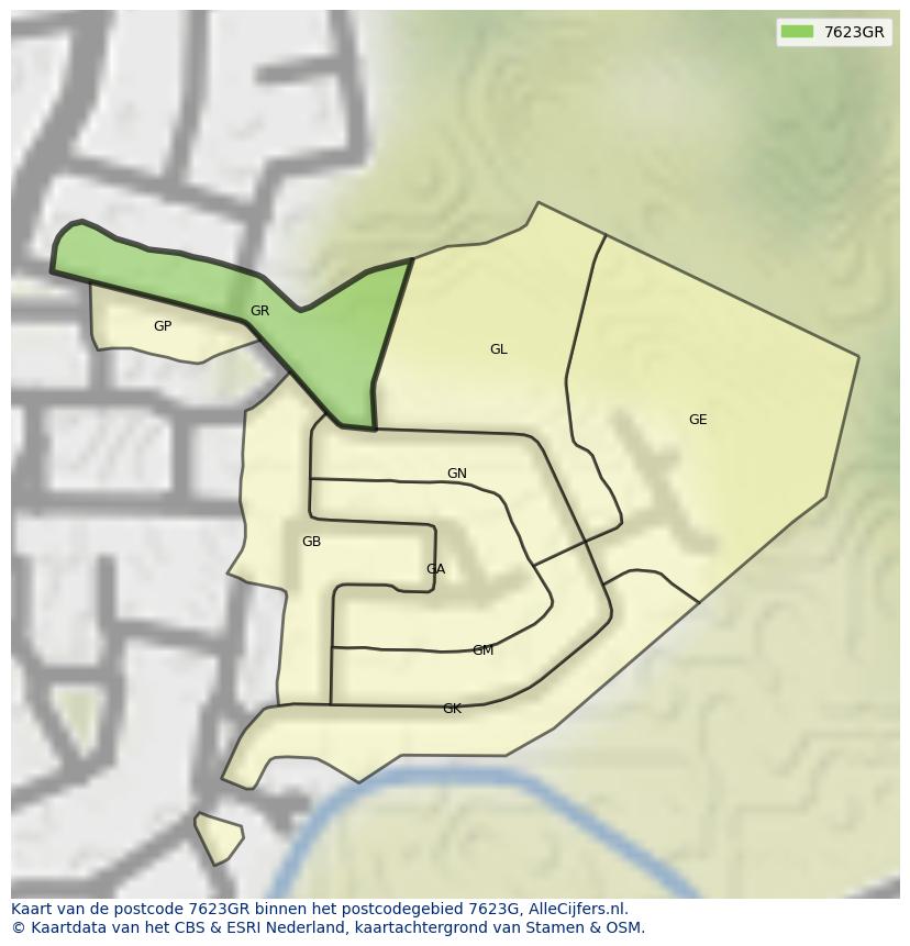 Afbeelding van het postcodegebied 7623 GR op de kaart.