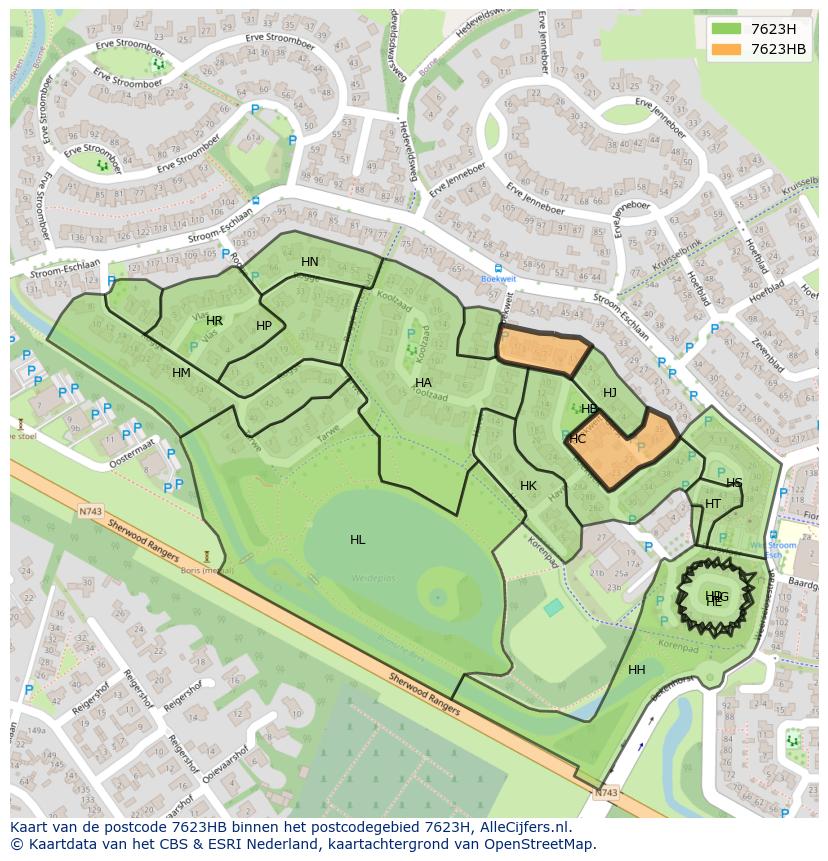 Afbeelding van het postcodegebied 7623 HB op de kaart.