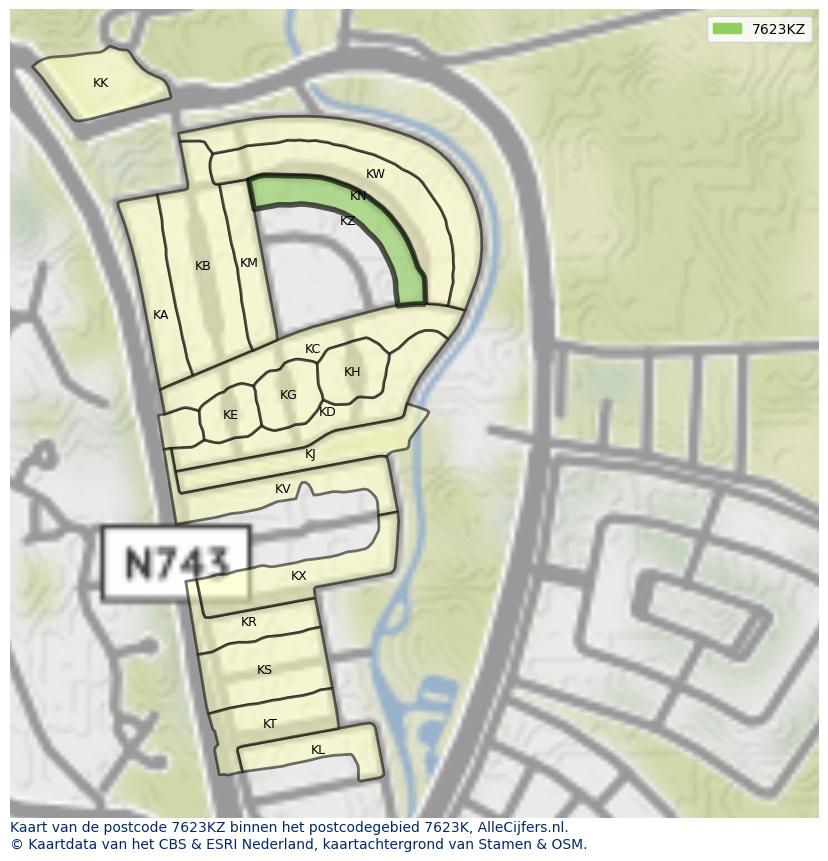 Afbeelding van het postcodegebied 7623 KZ op de kaart.