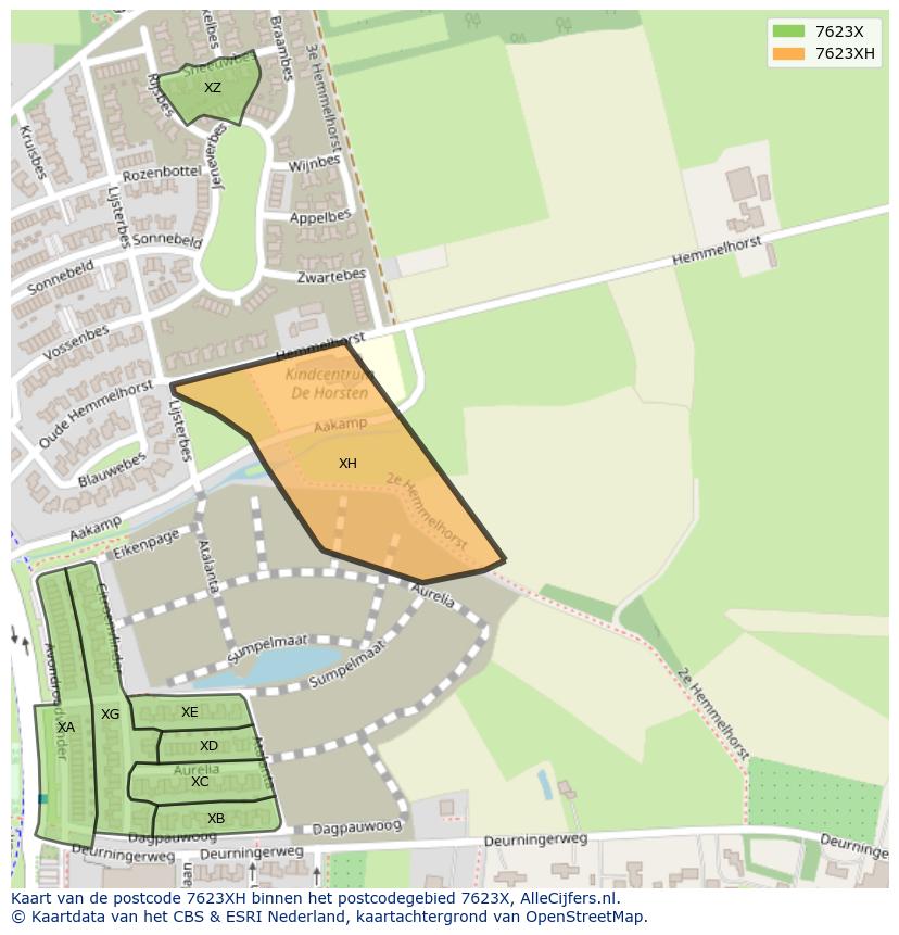 Afbeelding van het postcodegebied 7623 XH op de kaart.