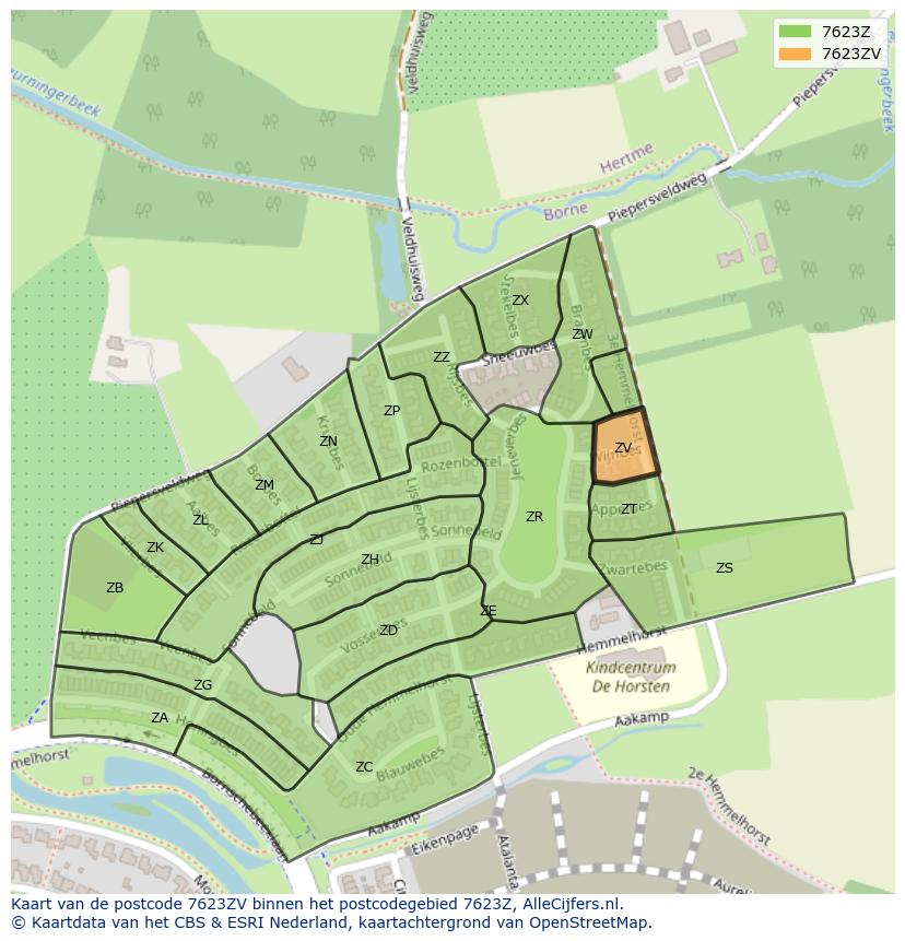 Afbeelding van het postcodegebied 7623 ZV op de kaart.