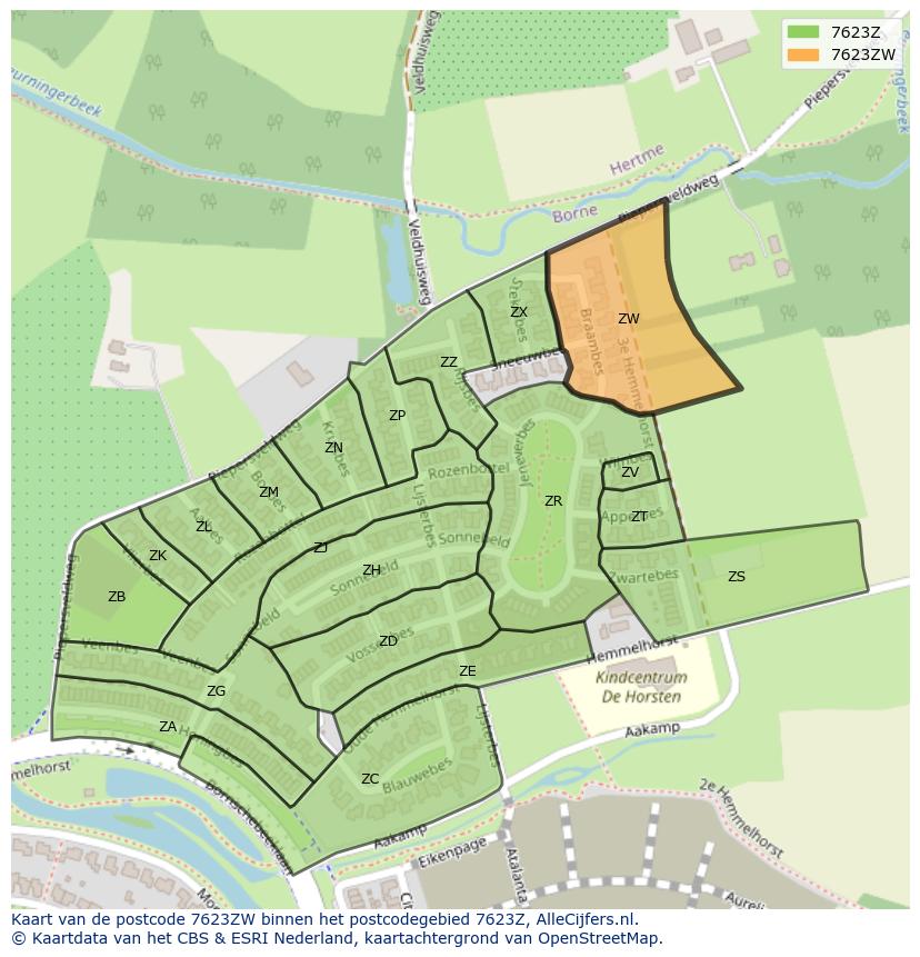 Afbeelding van het postcodegebied 7623 ZW op de kaart.
