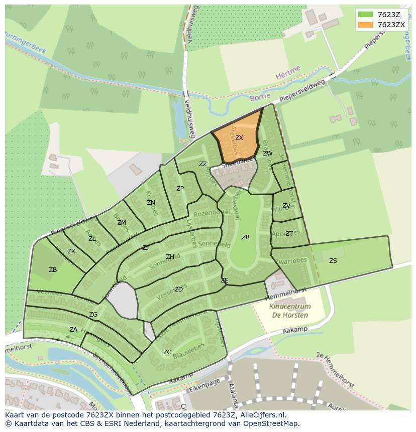 Afbeelding van het postcodegebied 7623 ZX op de kaart.