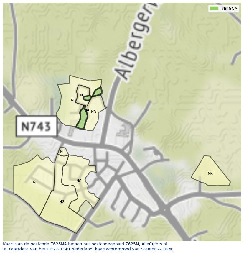 Afbeelding van het postcodegebied 7625 NA op de kaart.