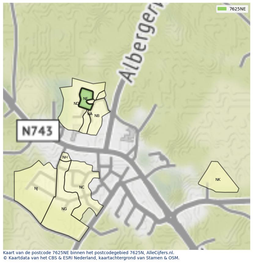 Afbeelding van het postcodegebied 7625 NE op de kaart.