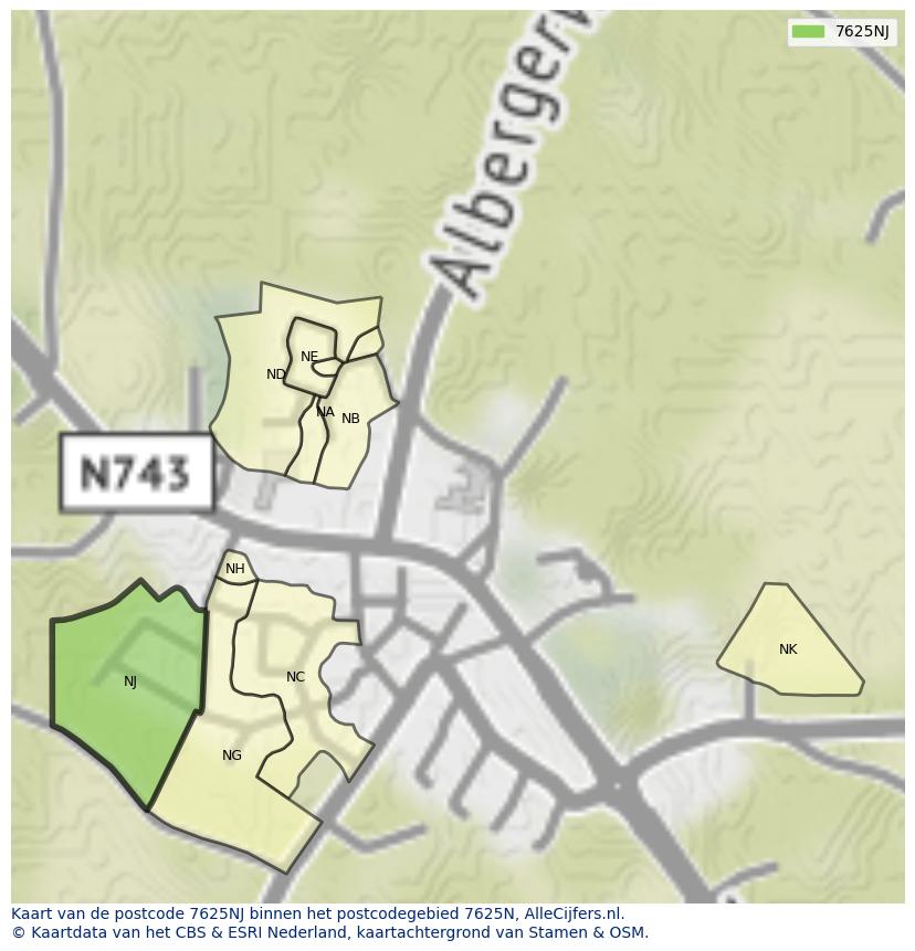 Afbeelding van het postcodegebied 7625 NJ op de kaart.