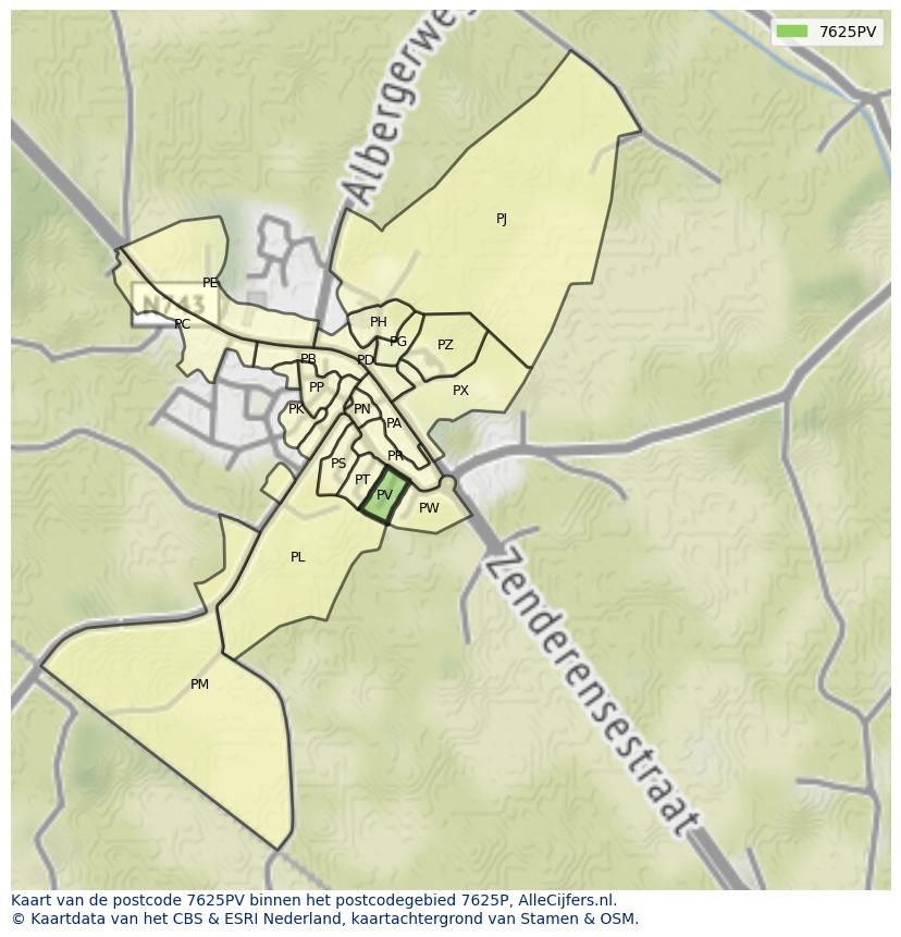 Afbeelding van het postcodegebied 7625 PV op de kaart.