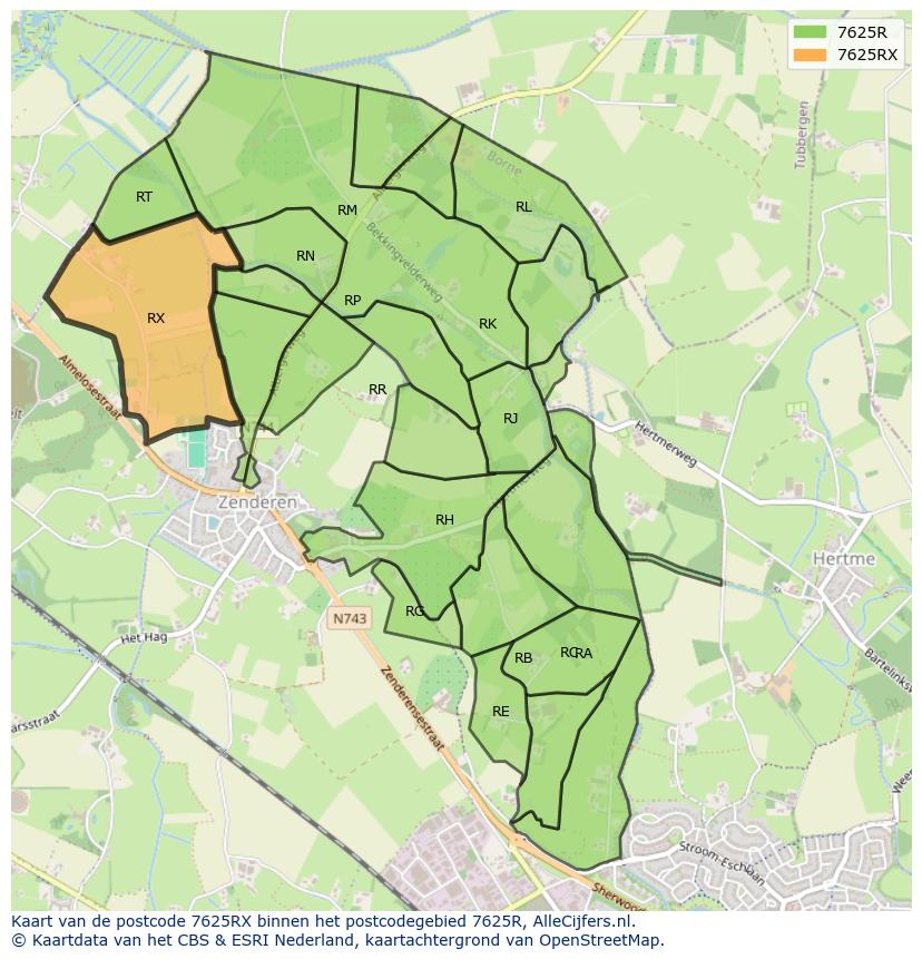 Afbeelding van het postcodegebied 7625 RX op de kaart.