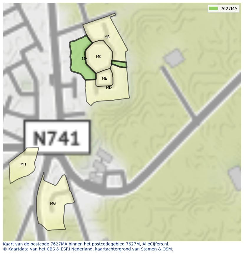 Afbeelding van het postcodegebied 7627 MA op de kaart.