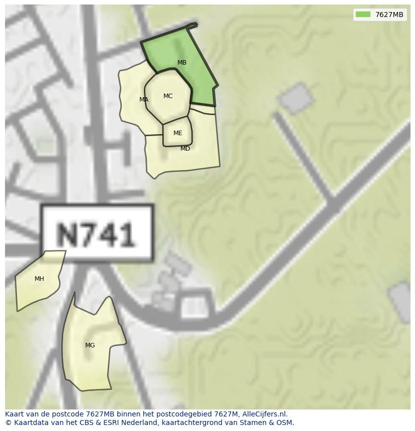 Afbeelding van het postcodegebied 7627 MB op de kaart.