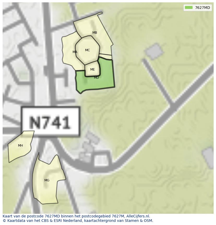 Afbeelding van het postcodegebied 7627 MD op de kaart.