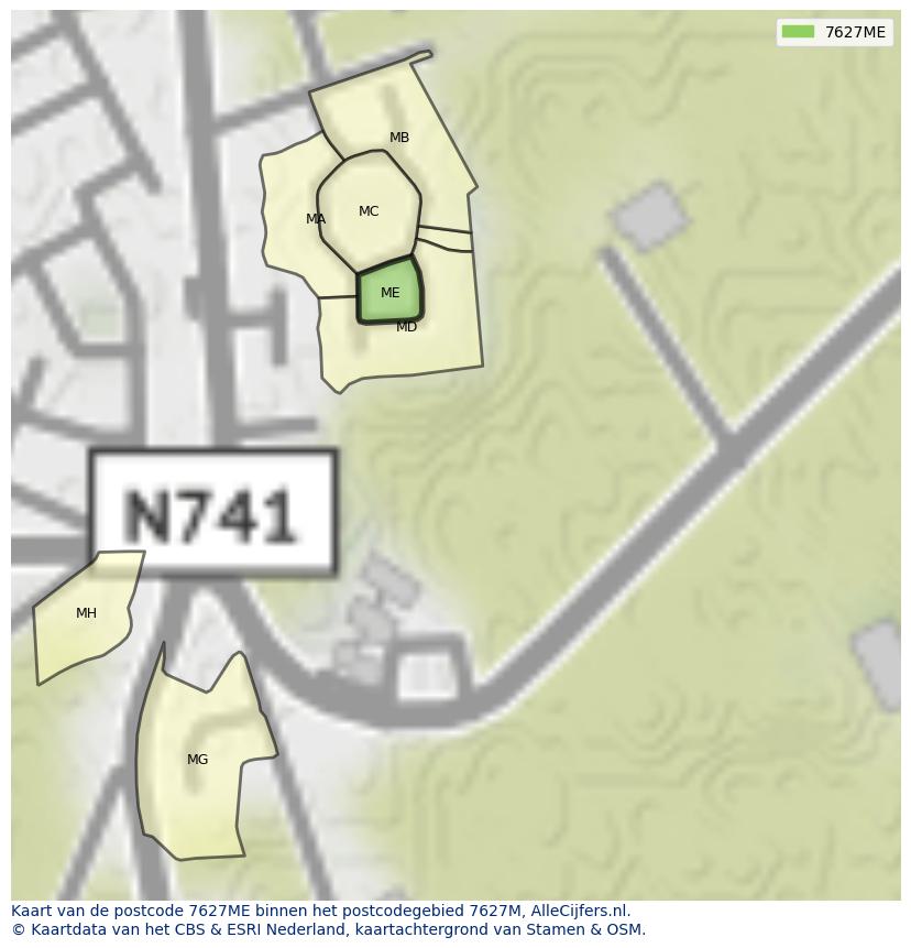 Afbeelding van het postcodegebied 7627 ME op de kaart.