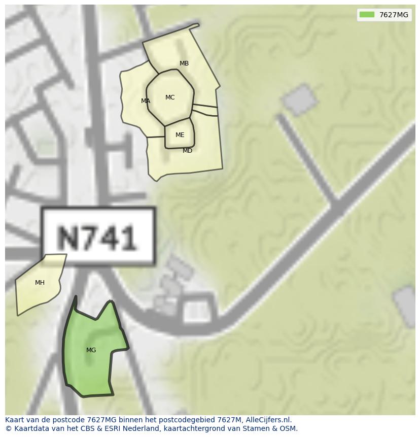 Afbeelding van het postcodegebied 7627 MG op de kaart.