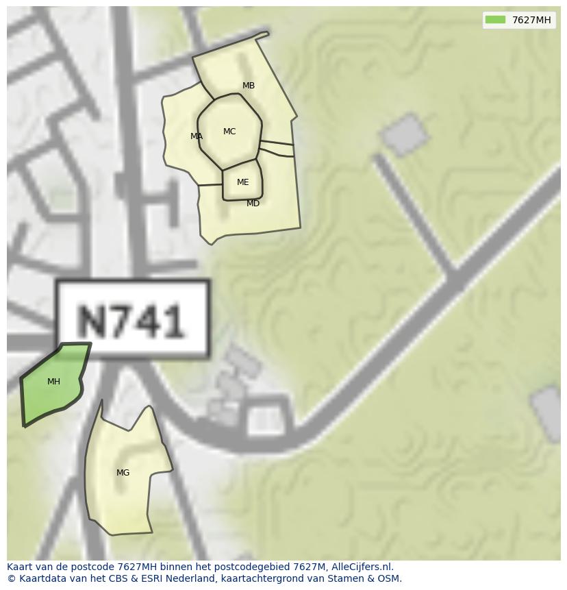 Afbeelding van het postcodegebied 7627 MH op de kaart.