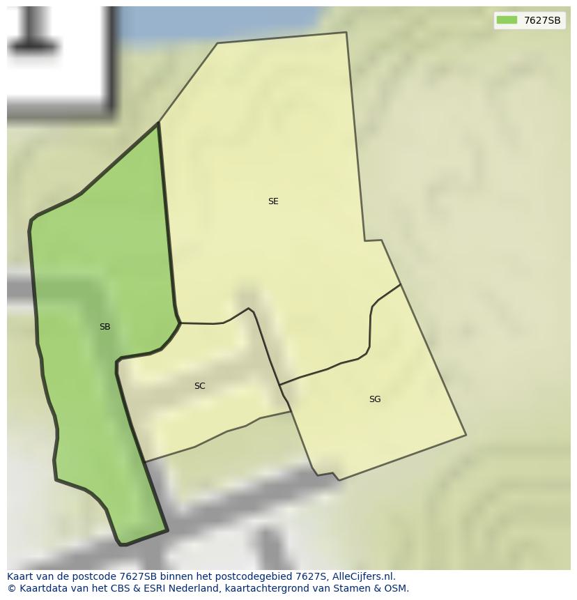 Afbeelding van het postcodegebied 7627 SB op de kaart.