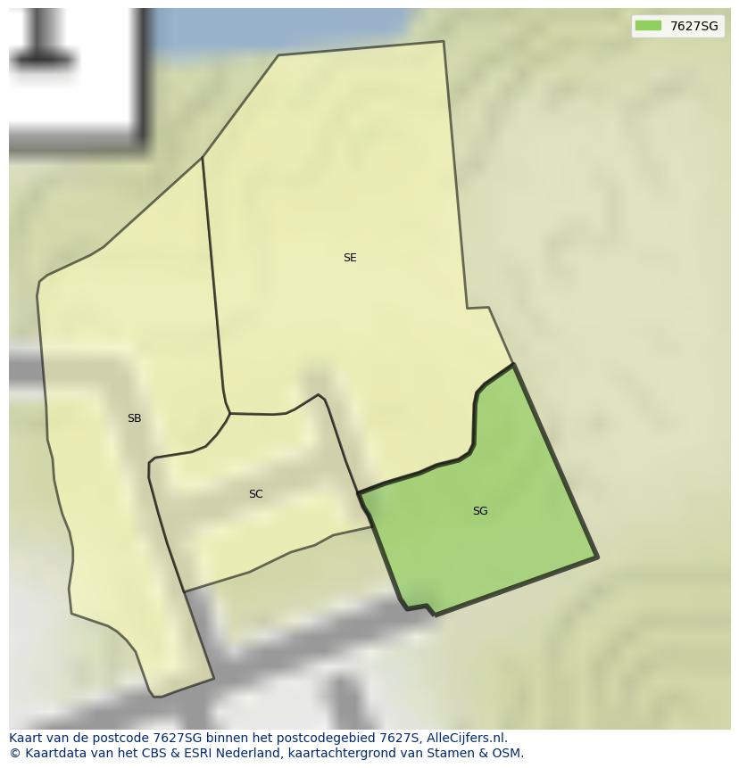 Afbeelding van het postcodegebied 7627 SG op de kaart.