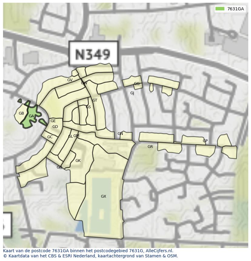 Afbeelding van het postcodegebied 7631 GA op de kaart.