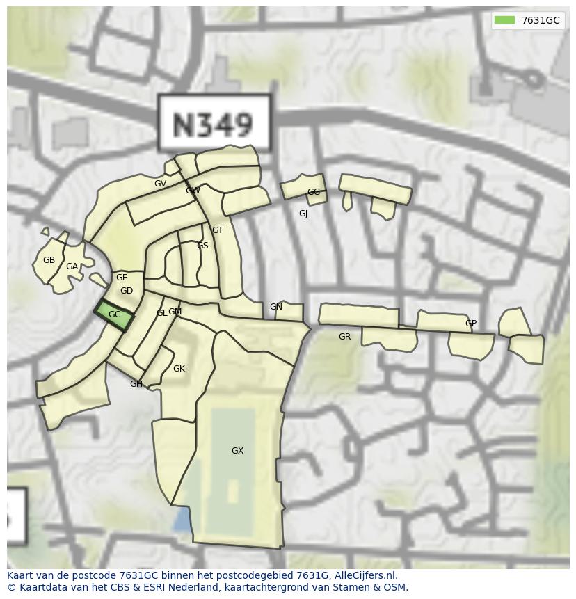 Afbeelding van het postcodegebied 7631 GC op de kaart.