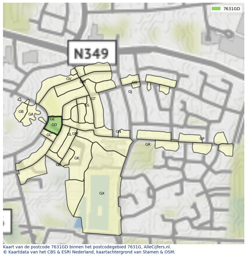 Afbeelding van het postcodegebied 7631 GD op de kaart.