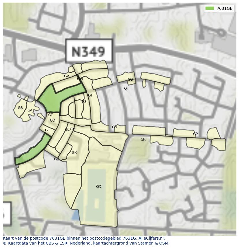 Afbeelding van het postcodegebied 7631 GE op de kaart.