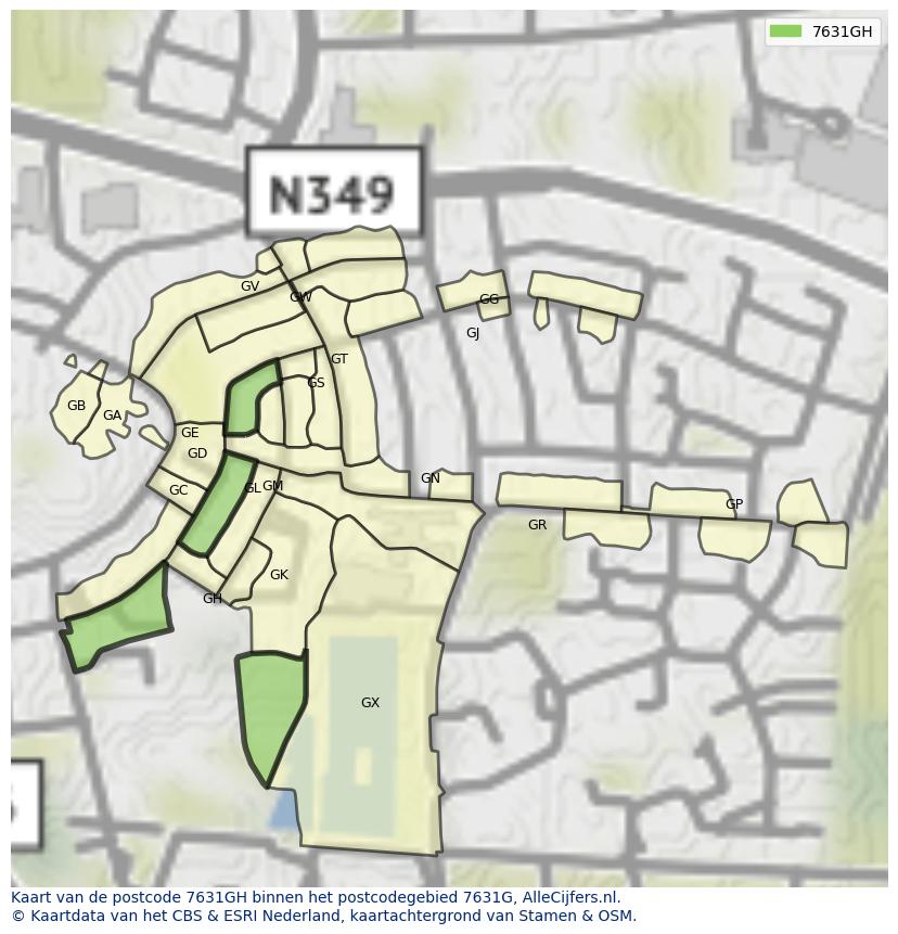Afbeelding van het postcodegebied 7631 GH op de kaart.