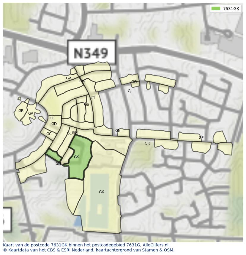 Afbeelding van het postcodegebied 7631 GK op de kaart.
