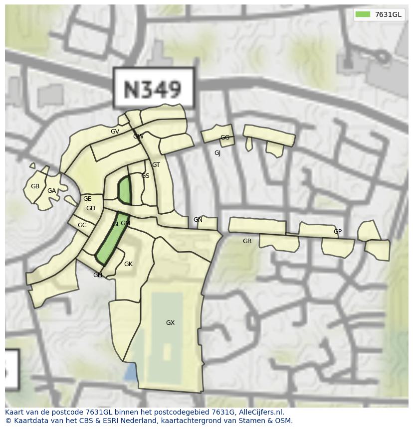 Afbeelding van het postcodegebied 7631 GL op de kaart.