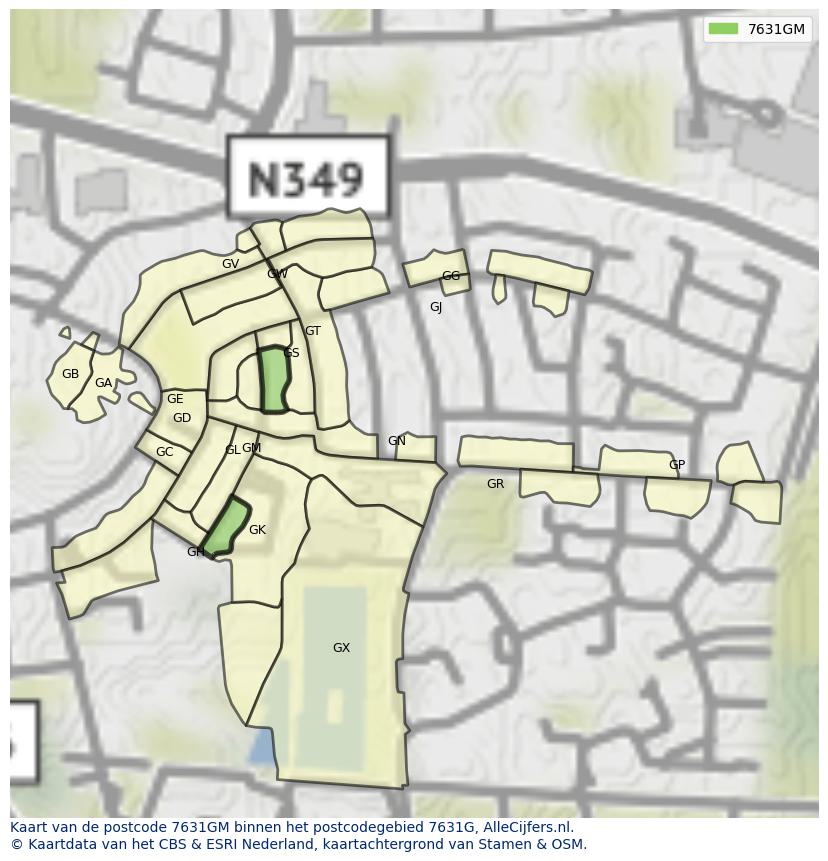 Afbeelding van het postcodegebied 7631 GM op de kaart.