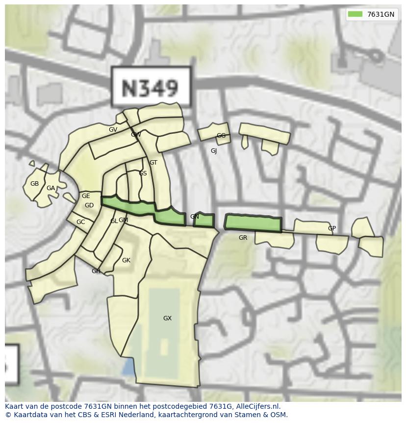 Afbeelding van het postcodegebied 7631 GN op de kaart.