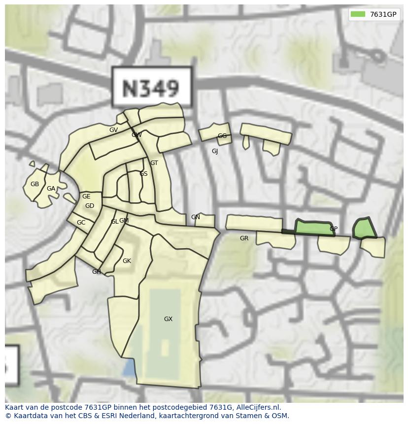 Afbeelding van het postcodegebied 7631 GP op de kaart.