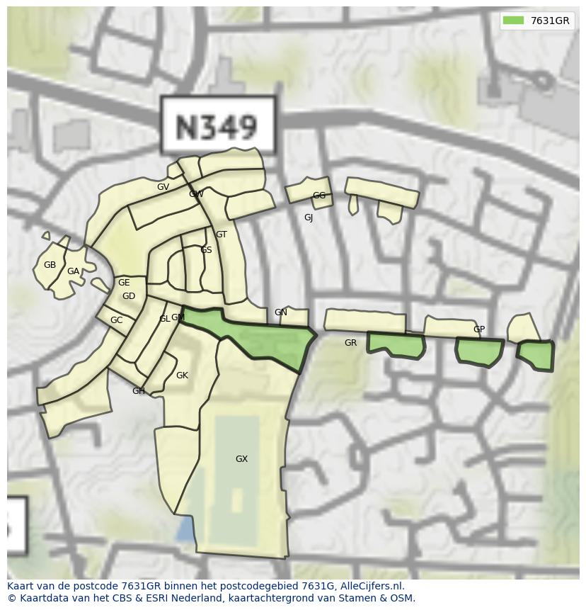 Afbeelding van het postcodegebied 7631 GR op de kaart.