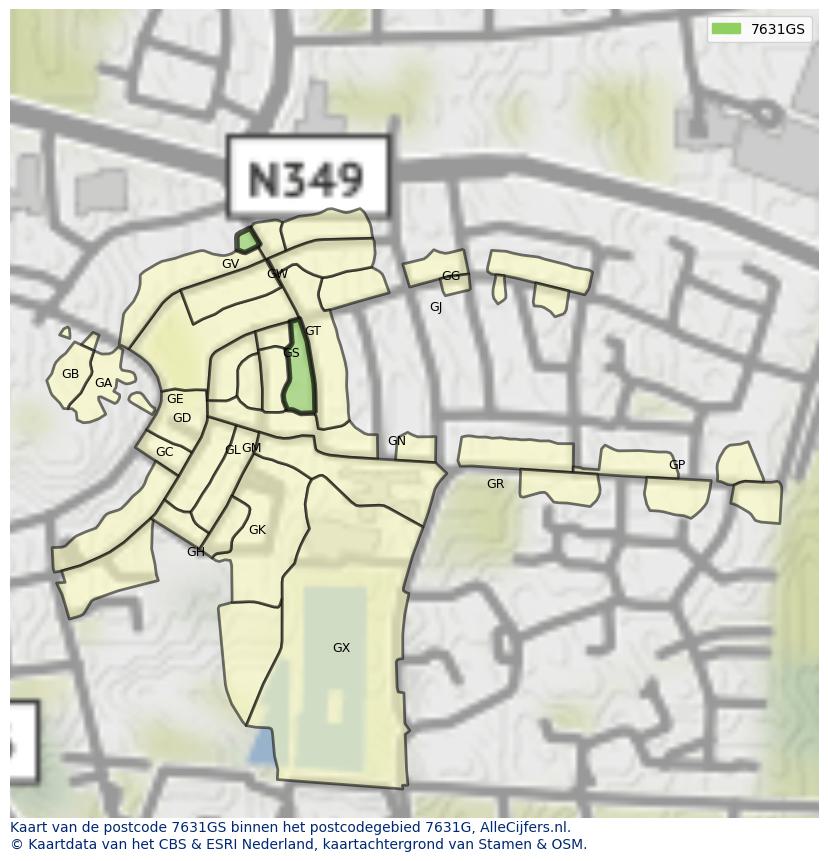 Afbeelding van het postcodegebied 7631 GS op de kaart.