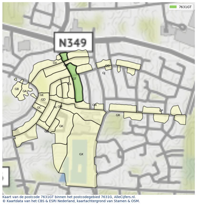 Afbeelding van het postcodegebied 7631 GT op de kaart.