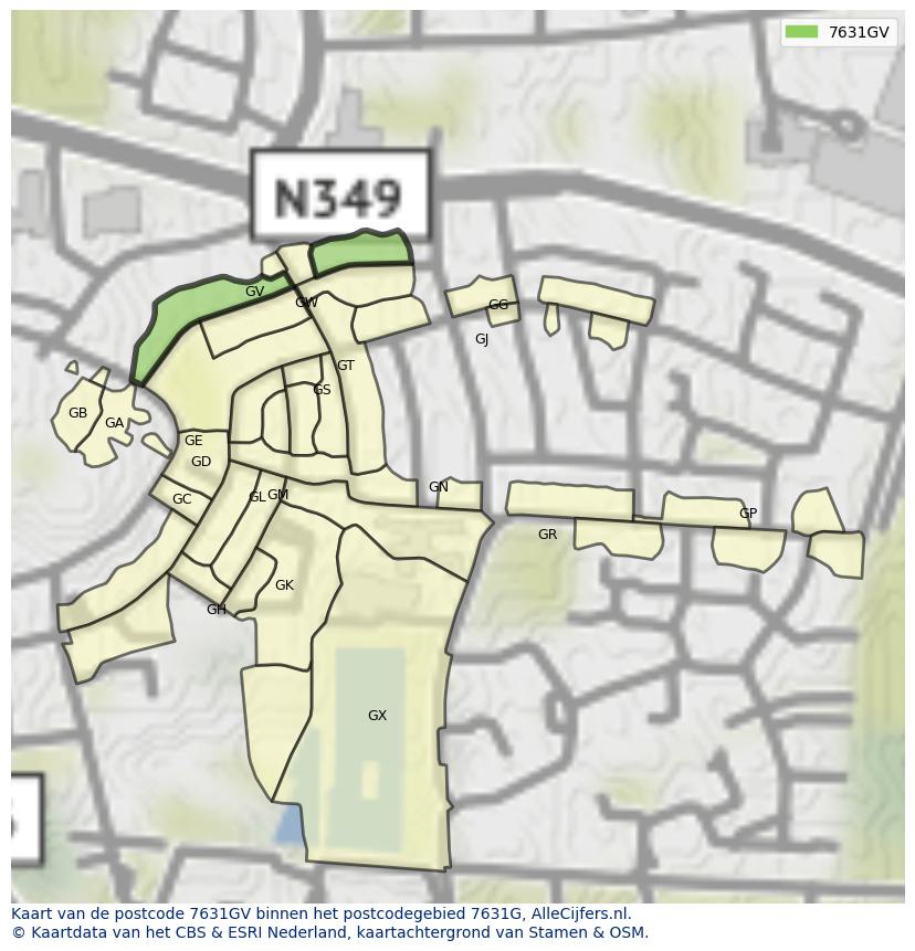 Afbeelding van het postcodegebied 7631 GV op de kaart.