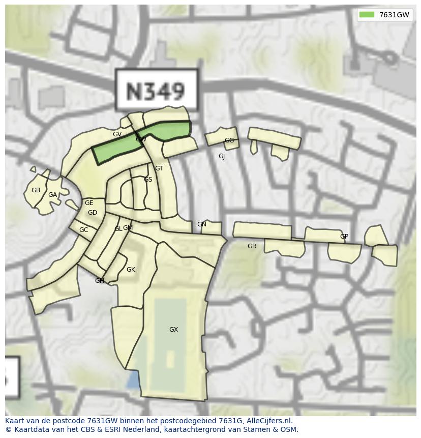 Afbeelding van het postcodegebied 7631 GW op de kaart.