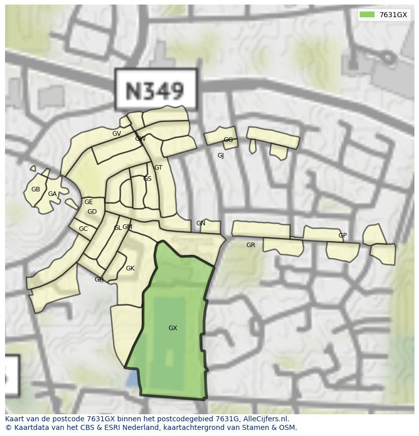 Afbeelding van het postcodegebied 7631 GX op de kaart.
