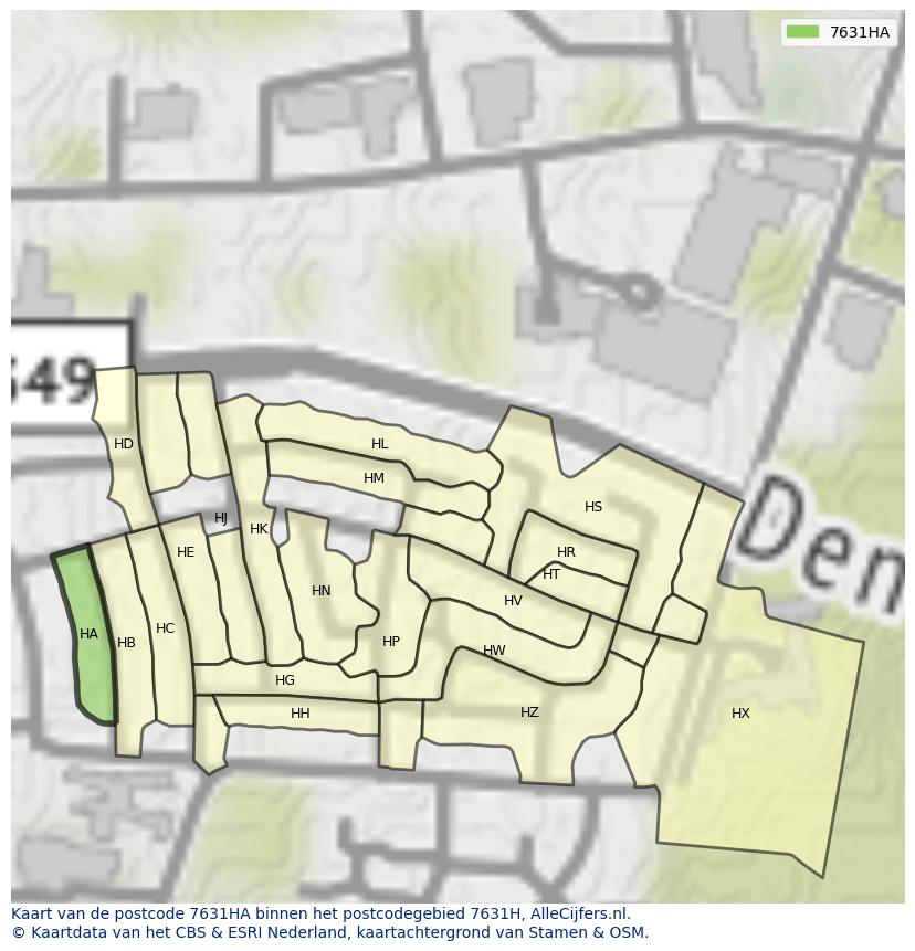 Afbeelding van het postcodegebied 7631 HA op de kaart.