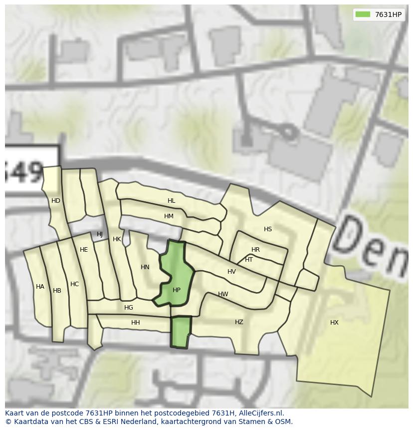 Afbeelding van het postcodegebied 7631 HP op de kaart.