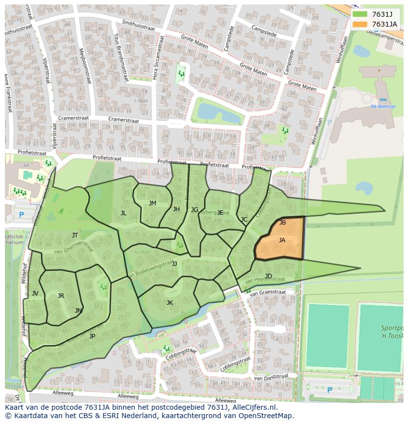 Afbeelding van het postcodegebied 7631 JA op de kaart.
