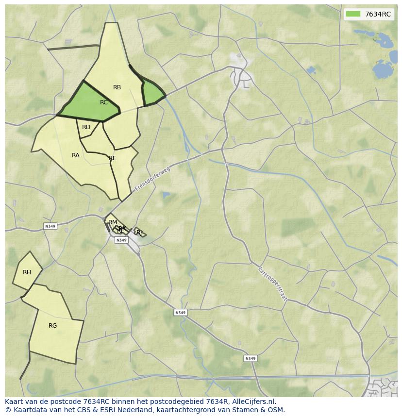 Afbeelding van het postcodegebied 7634 RC op de kaart.